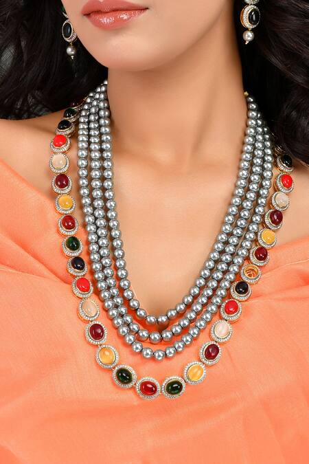 Buy_Ishhaara_Multi Color Beads, Diamonds, Stones Embellished Layered Necklace Set 