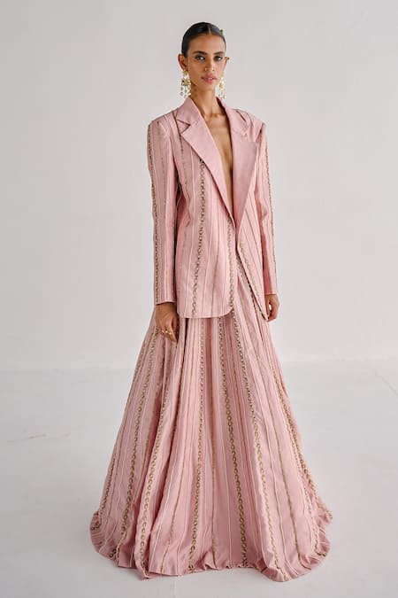 Esha Arora Pink Silk, Chanderi Pearls, Zari Embroidered Oversized Blazer And Lehenga Set Online at Aza Fashions Esha Arora_Pink Silk, Chanderi Pearls, Zari Embroidered Oversized Blazer And Lehenga Set _Online_at_Aza_Fashions