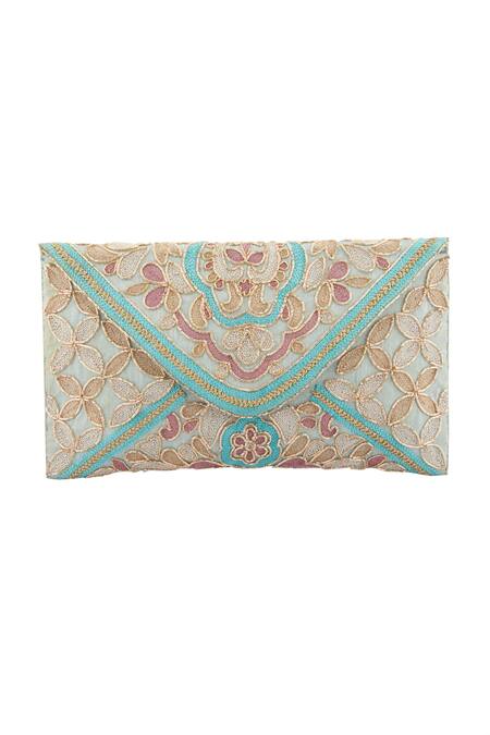 Nazaakat By Samara Singh Sky Blue Zari Zardozi Embroidered Clutch at Aza Fashions Nazaakat By Samara Singh_Sky Blue Zari Zardozi Embroidered Clutch _at_Aza_Fashions