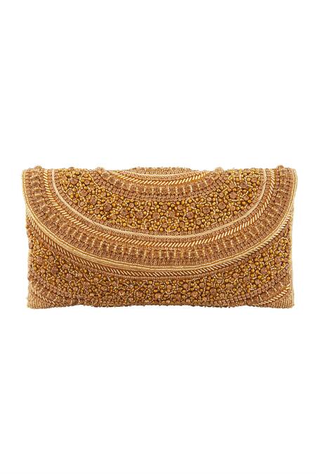 Nazaakat By Samara Singh_Gold Cut Work Curved Cutdana Embellished Pattern Clutch _Online_at_Aza_Fashions