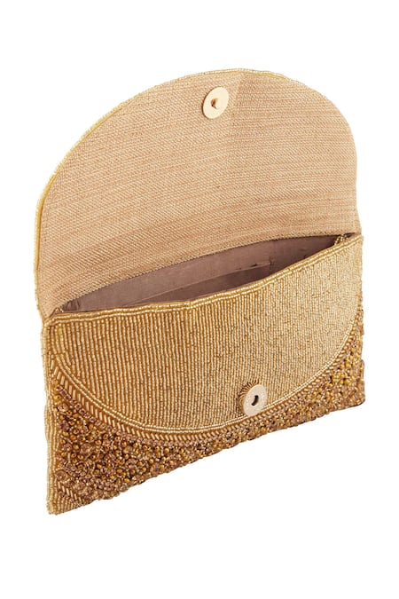 Nazaakat By Samara Singh_Gold Cut Work Curved Cutdana Embellished Pattern Clutch _at_Aza_Fashions