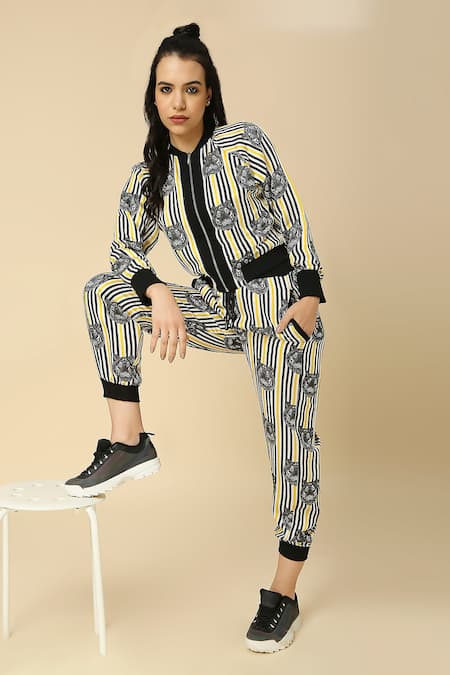 Neha Gursahani Black Satin, Linen Embroidery V-neck, Striped Tiger Print Jacket Jogger Pant Set 