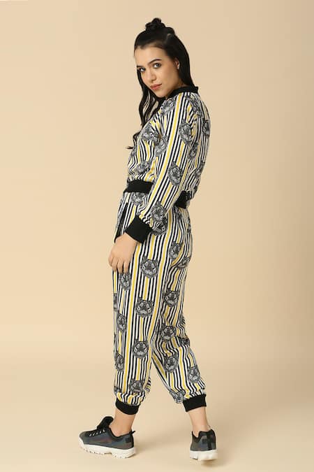 Shop Neha Gursahani Black Satin, Linen Embroidery V-neck, Striped Tiger Print Jacket Jogger Pant Set at Aza Fashions Shop_Neha Gursahani_Black Satin, Linen Embroidery V-neck, Striped Tiger Print Jacket Jogger Pant Set _at_Aza_Fashions
