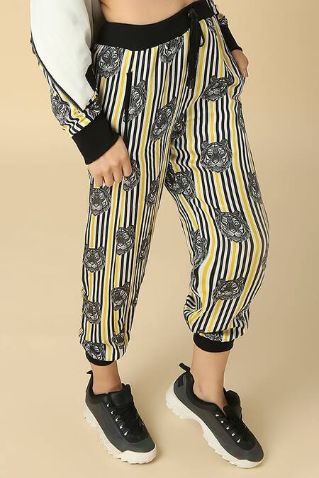 Shop Neha Gursahani Black Satin, Linen Embroidery V-neck, Striped Tiger Print Jacket Jogger Pant Set Online at Aza Fashions Shop_Neha Gursahani_Black Satin, Linen Embroidery V-neck, Striped Tiger Print Jacket Jogger Pant Set _Online_at_Aza_Fashions