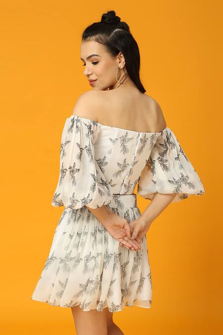 Shop Neha Gursahani Black Viscose, Georgette Off-shoulder Bird Print Corset Top And Skirt Set at Aza Fashions Shop_Neha Gursahani_Black Viscose, Georgette Off-shoulder Bird Print Corset Top And Skirt Set _at_Aza_Fashions