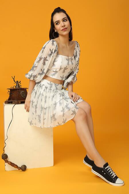 Shop Neha Gursahani Black Viscose, Georgette Off-shoulder Bird Print Corset Top And Skirt Set Online at Aza Fashions Shop_Neha Gursahani_Black Viscose, Georgette Off-shoulder Bird Print Corset Top And Skirt Set _Online_at_Aza_Fashions