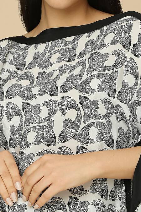 Shop Neha Gursahani Black Viscose Boat Neck Fish Print Kaftan And Pant Set Online at Aza Fashions Shop_Neha Gursahani_Black Viscose Boat Neck Fish Print Kaftan And Pant Set _Online_at_Aza_Fashions