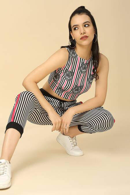 Shop Neha Gursahani Black Viscose, Crepe Round Neck Printed Crop Top And Pant Set Online at Aza Fashions Shop_Neha Gursahani_Black Viscose, Crepe Round Neck Printed Crop Top And Pant Set _Online_at_Aza_Fashions