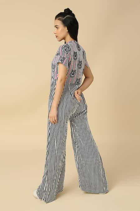 Shop Neha Gursahani Black Viscose Bandeau Neck Printed Collar Jumpsuit at Aza Fashions Shop_Neha Gursahani_Black Viscose Bandeau Neck Printed Collar Jumpsuit _at_Aza_Fashions