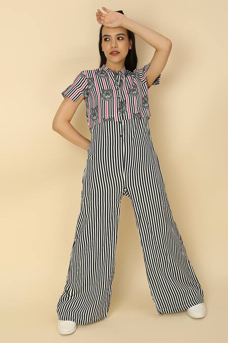 Buy Neha Gursahani Black Viscose Bandeau Neck Printed Collar Jumpsuit Online at Aza Fashions Buy_Neha Gursahani_Black Viscose Bandeau Neck Printed Collar Jumpsuit _Online_at_Aza_Fashions
