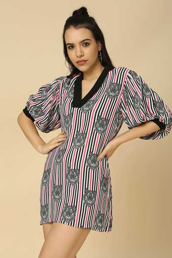 v neck printed skater dress Women's Solid And Print V-neck Skater Dress