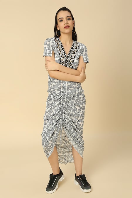 Neha Gursahani Fish Print Draped Cocoon Dress 
