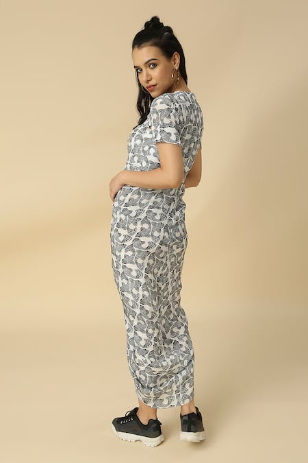 Shop Neha Gursahani Black Viscose Embroidery V-neck Fish Print Draped Cocoon Dress at Aza Fashions Shop_Neha Gursahani_Black Viscose Embroidery V-neck Fish Print Draped Cocoon Dress _at_Aza_Fashions