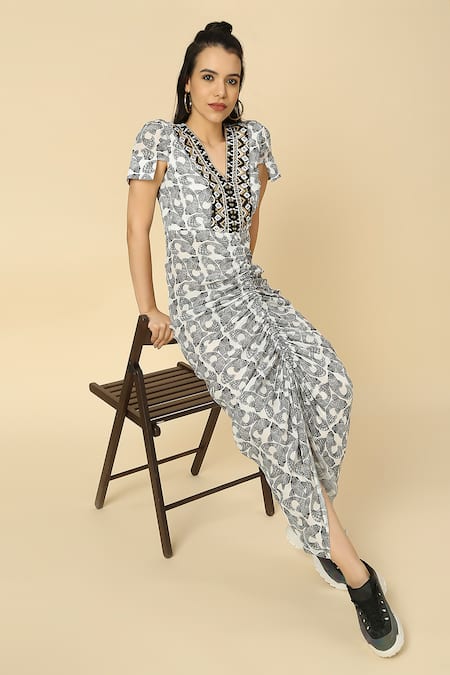 Shop Neha Gursahani Black Viscose Embroidery V-neck Fish Print Draped Cocoon Dress Online at Aza Fashions Shop_Neha Gursahani_Black Viscose Embroidery V-neck Fish Print Draped Cocoon Dress _Online_at_Aza_Fashions