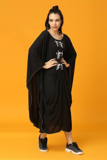 Neha Gursahani_Black Georgette Embroidery, Beads Round Neck Solid Pre-draped Kaftan Dress _Online_at_Aza_Fashions