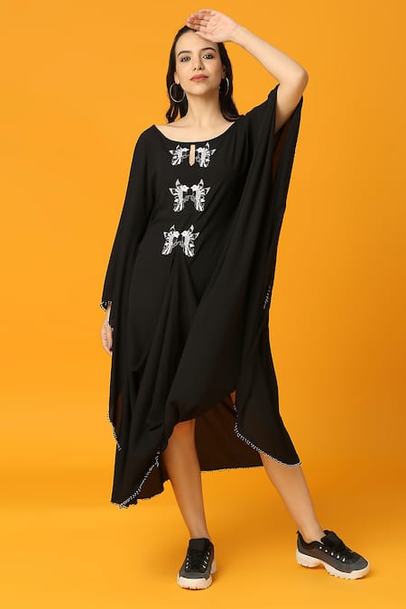 Neha Gursahani_Black Georgette Embroidery, Beads Round Neck Solid Pre-draped Kaftan Dress _at_Aza_Fashions