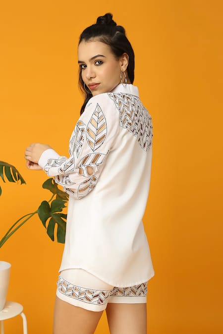 Shop Neha Gursahani Black Poplin Cut Work Collared Solid Button-down Shirt And Shorts Set at Aza Fashions Shop_Neha Gursahani_Black Poplin Cut Work Collared Solid Button-down Shirt And Shorts Set _at_Aza_Fashions