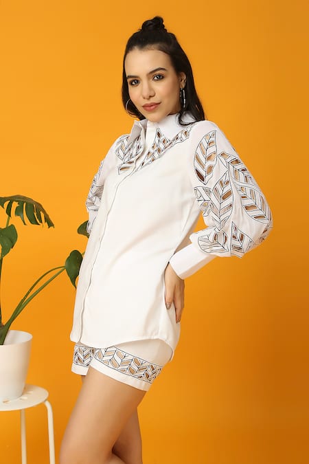 Buy Neha Gursahani Black Poplin Cut Work Collared Solid Button-down Shirt And Shorts Set Online at Aza Fashions Buy_Neha Gursahani_Black Poplin Cut Work Collared Solid Button-down Shirt And Shorts Set _Online_at_Aza_Fashions