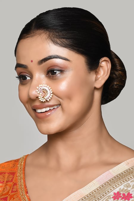 Nayaab by Aleezeh Gold Plated Stone And Beads Peacock Design Nose Ring