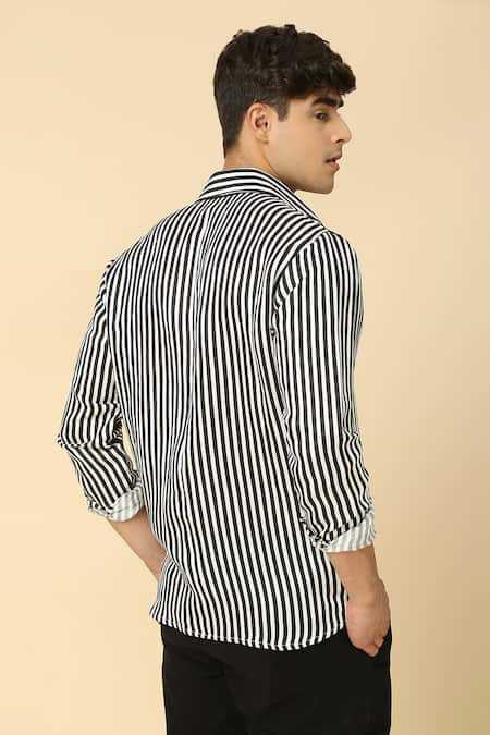 Shop Neha Gursahani Black Satin, Linen Striped Pattern Button-down Shirt at Aza Fashions Shop_Neha Gursahani_Black Satin, Linen Striped Pattern Button-down Shirt _at_Aza_Fashions