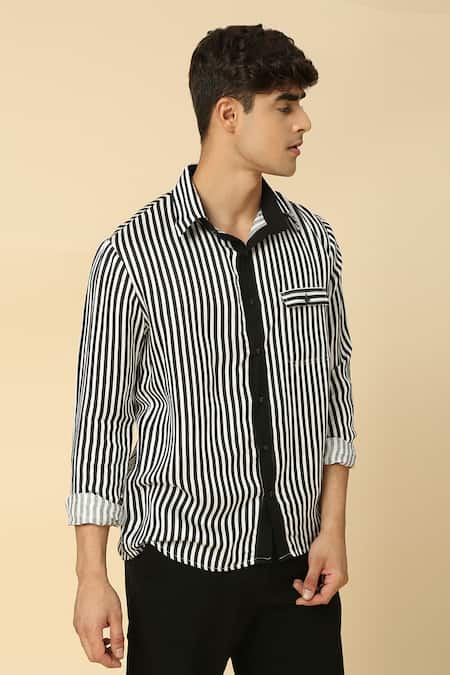 Neha Gursahani Black Satin, Linen Striped Pattern Button-down Shirt Online at Aza Fashions Neha Gursahani_Black Satin, Linen Striped Pattern Button-down Shirt _Online_at_Aza_Fashions