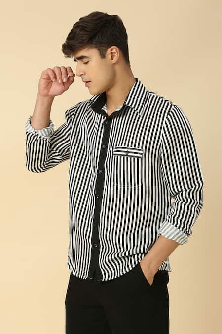 Buy Neha Gursahani Black Satin, Linen Striped Pattern Button-down Shirt Online at Aza Fashions Buy_Neha Gursahani_Black Satin, Linen Striped Pattern Button-down Shirt _Online_at_Aza_Fashions