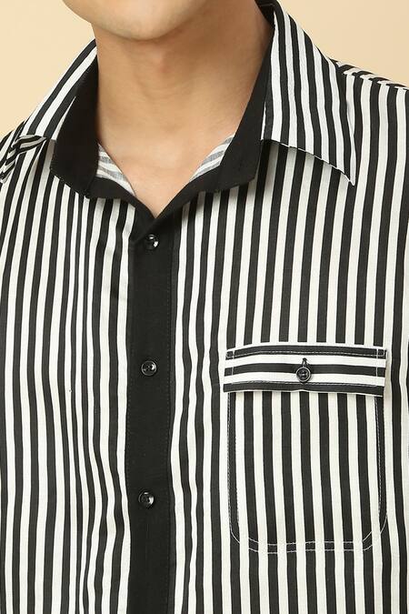Shop Neha Gursahani Black Satin, Linen Striped Pattern Button-down Shirt Online at Aza Fashions Shop_Neha Gursahani_Black Satin, Linen Striped Pattern Button-down Shirt _Online_at_Aza_Fashions