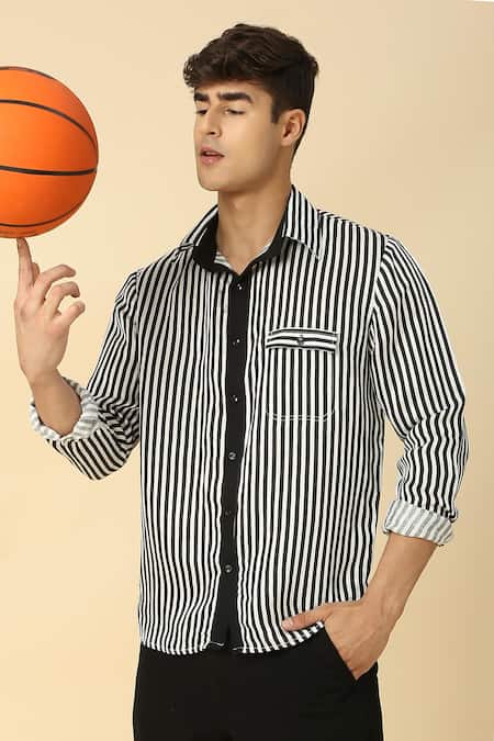 Neha Gursahani Black Satin, Linen Striped Pattern Button-down Shirt at Aza Fashions Neha Gursahani_Black Satin, Linen Striped Pattern Button-down Shirt _at_Aza_Fashions