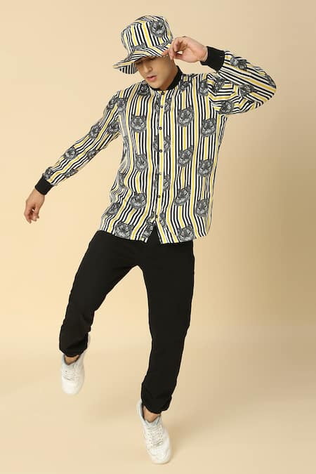 Neha Gursahani Black Viscose Striped And Lion Pattern Shirt 