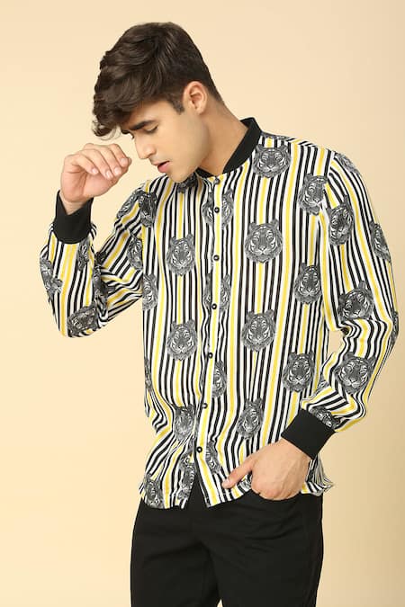 Shop Neha Gursahani Black Viscose Striped And Lion Pattern Shirt at Aza Fashions Shop_Neha Gursahani_Black Viscose Striped And Lion Pattern Shirt _at_Aza_Fashions