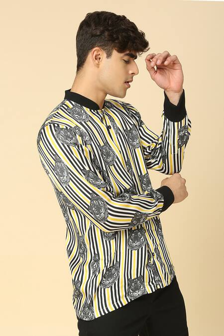 Neha Gursahani Black Viscose Striped And Lion Pattern Shirt Online at Aza Fashions Neha Gursahani_Black Viscose Striped And Lion Pattern Shirt _Online_at_Aza_Fashions