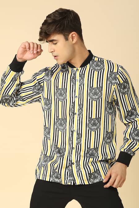 Buy_Neha Gursahani_Black Viscose Striped And Lion Pattern Shirt _Online_at_Aza_Fashions