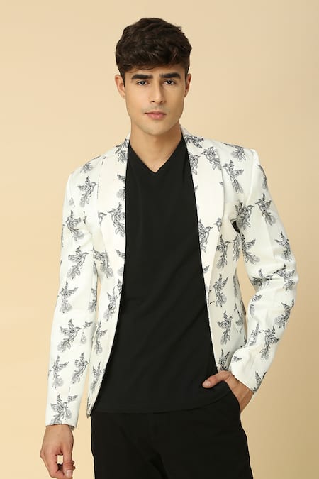 Neha Gursahani White Satin Linen Printed Bird Blazer 