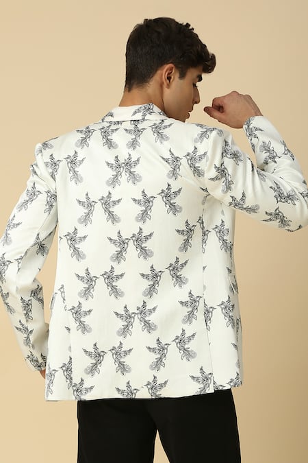 Neha Gursahani Bird Print Satin Linen Blazer 