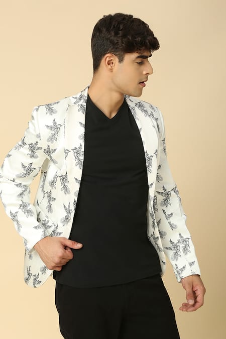Neha Gursahani White Satin, Linen Bird Print Blazer Online at Aza Fashions Neha Gursahani_White Satin, Linen Bird Print Blazer _Online_at_Aza_Fashions