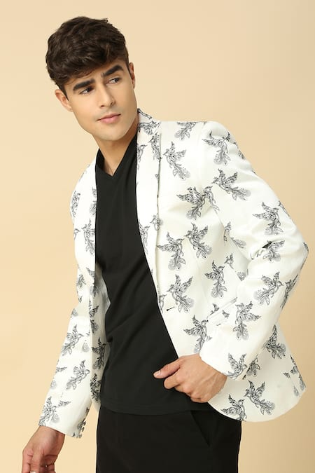 Buy Neha Gursahani White Satin, Linen Bird Print Blazer Online at Aza Fashions Buy_Neha Gursahani_White Satin, Linen Bird Print Blazer _Online_at_Aza_Fashions