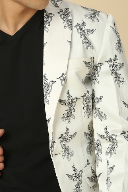 Shop Neha Gursahani White Satin, Linen Bird Print Blazer Online at Aza Fashions Shop_Neha Gursahani_White Satin, Linen Bird Print Blazer _Online_at_Aza_Fashions