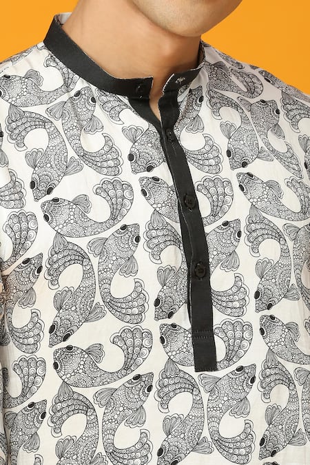 Buy Neha Gursahani Black Satin, Linen Fish Print Short Kurta Online at Aza Fashions Buy_Neha Gursahani_Black Satin, Linen Fish Print Short Kurta _Online_at_Aza_Fashions