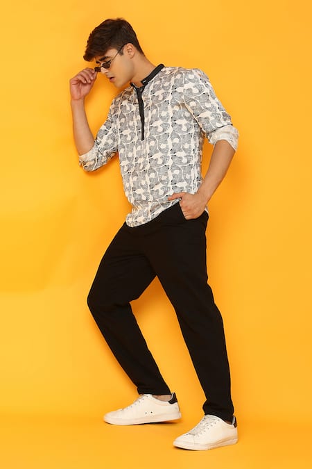 Shop Neha Gursahani Black Satin, Linen Fish Print Short Kurta Online at Aza Fashions Shop_Neha Gursahani_Black Satin, Linen Fish Print Short Kurta _Online_at_Aza_Fashions