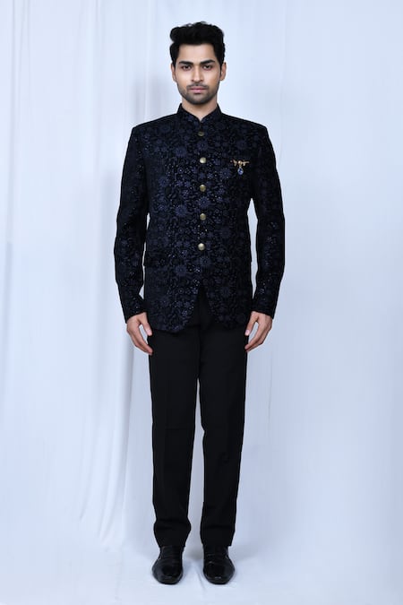 Buy Arihant Rai Sinha Blue Velvet, Terrycloth Brooches Floral Embroiered Prince Coat With Trouser Online at Aza Fashions Buy_Arihant Rai Sinha_Blue Velvet, Terrycloth Brooches Floral Embroiered Prince Coat With Trouser _Online_at_Aza_Fashions