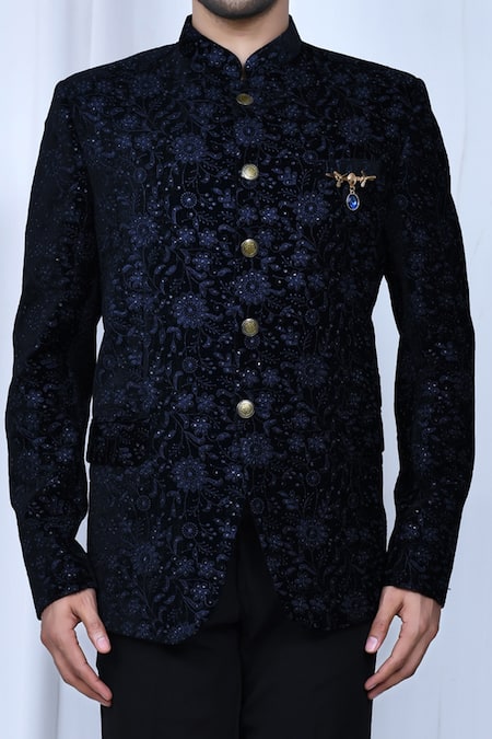 Shop Arihant Rai Sinha Blue Velvet, Terrycloth Brooches Floral Embroiered Prince Coat With Trouser Online at Aza Fashions Shop_Arihant Rai Sinha_Blue Velvet, Terrycloth Brooches Floral Embroiered Prince Coat With Trouser _Online_at_Aza_Fashions