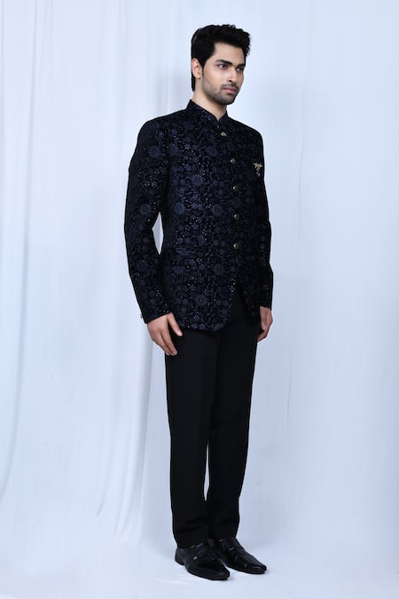 Arihant Rai Sinha Blue Velvet, Terrycloth Brooches Floral Embroiered Prince Coat With Trouser at Aza Fashions Arihant Rai Sinha_Blue Velvet, Terrycloth Brooches Floral Embroiered Prince Coat With Trouser _at_Aza_Fashions