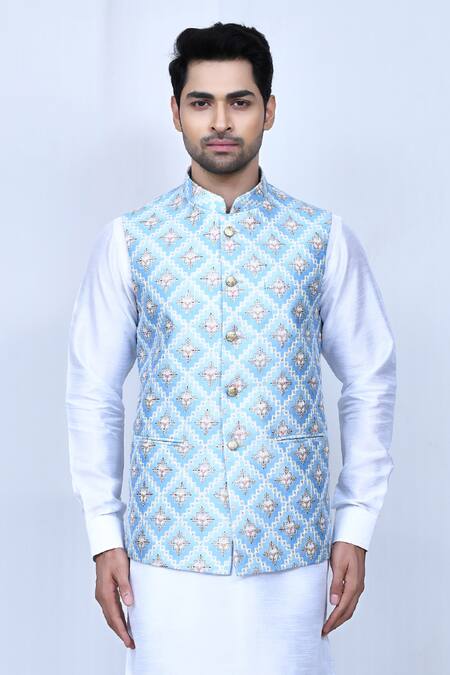 Arihant Rai Sinha Blue Silk Embroidery Geometric Nehru Jacket Online at Aza Fashions Arihant Rai Sinha_Blue Silk Embroidery Geometric Nehru Jacket _Online_at_Aza_Fashions