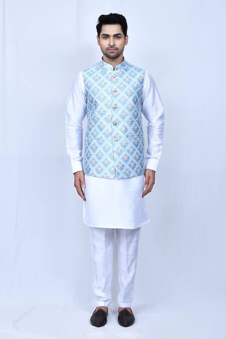 Buy_Arihant Rai Sinha_Blue Silk Embroidery Geometric Nehru Jacket _Online_at_Aza_Fashions