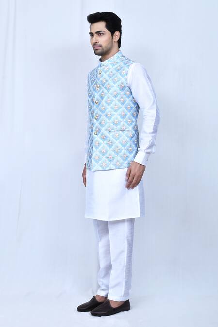 Shop_Arihant Rai Sinha_Blue Silk Embroidery Geometric Nehru Jacket _Online_at_Aza_Fashions