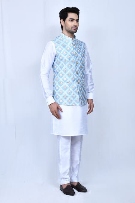 Arihant Rai Sinha_Blue Silk Embroidery Geometric Nehru Jacket _at_Aza_Fashions