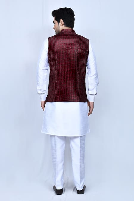 Shop_Arihant Rai Sinha_Maroon Velvet Sequins Thread Embroidered Nehru Jacket _at_Aza_Fashions