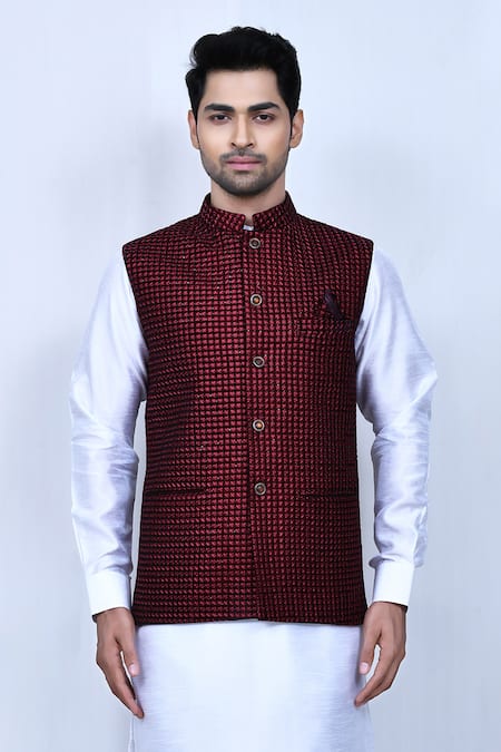 Maroon Art Silk Wedding Wear Nehru Jacket Suit