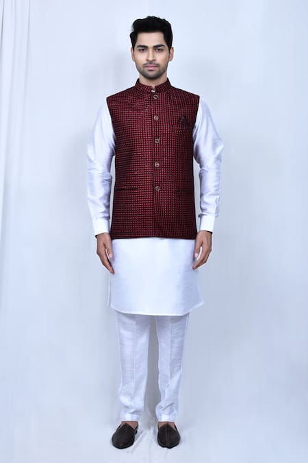 Buy_Arihant Rai Sinha_Maroon Velvet Sequins Thread Embroidered Nehru Jacket _Online_at_Aza_Fashions
