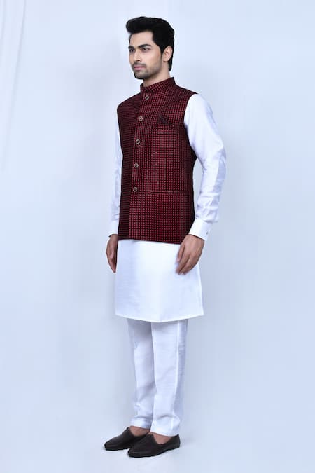 Shop_Arihant Rai Sinha_Maroon Velvet Sequins Thread Embroidered Nehru Jacket _Online_at_Aza_Fashions